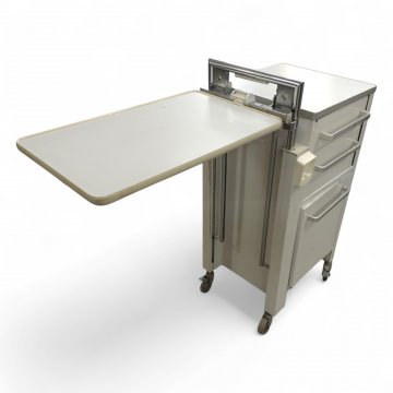 Krankenhausnachtschrank, Metall grau-beige, 2 Schubladen,1 Tür, verstellbares Tablett, rollbar, H/B/T 95x55x55