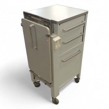 Krankenhausnachtschrank, Metall grau-beige, 2 Schubladen,1 Tür, verstellbares Tablett, rollbar, H/B/T 95x55x55