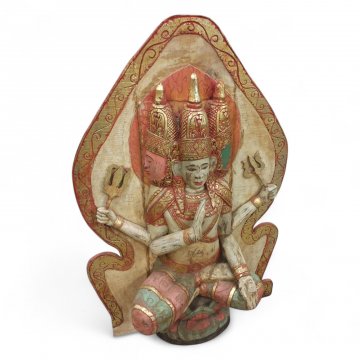 Figur DREIGESICHTIGE SHIVA GOTTHEIT, Holz Handarbeit geschnitzt, bemalt, gold verziert, Hintergrund rot/gold, H150x100