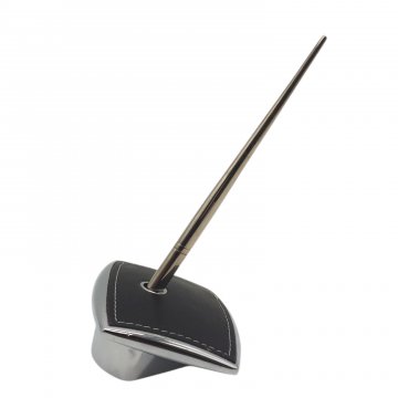 Stifthalter Metall Chromsockel mit schwarzem Lederrechteck und hochglanz Stift