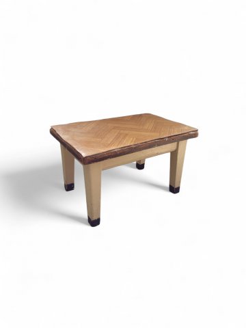 Fusshocker, LINOLEUM, Fussbank, Holz, weiß, beige, rechteckig klein, L 29cm, B 42cm, h 29cm, mit Linoleum beklebt