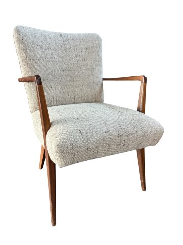 Sessel, Armlehnen Nussbaum, heller Wollststoff, angedeutete Punkte und Streifen, 61x61cm, h 87cm
