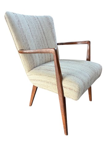 Sessel, Armlehnen Nussbaum, heller Wollststoff,  Längsstreifen, 61x61cm, h 87cm