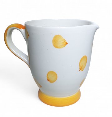 Krug Keramik, weiß oranges Tupfenmuster, Sockel, Henkel, 16H