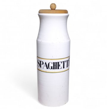 Vorratstopf, Gefäß, Keramik, weiß, Spaghetti, schwarze Schrift, Holzdeckel, 34H