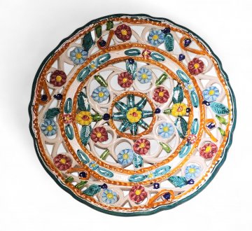 Wandteller Keramik, bunte Blumen, durchbrochen, reliefartig, grüner Rand, 27