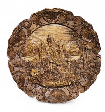 Wandteller Holz, Schloss Neuschwanstein, aufwendig geschnitzt, Relief, 22