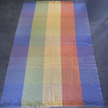 Webteppich 140x220 Blockstreifen blau hellgrün kupfer, gelb, Fransen