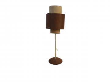 P- Tischlampe, 3tlger braun-beiger Lampenschirm, Wildleder Ø 15cm, Fuß Chrom/Wildleder