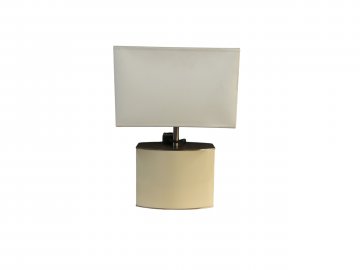 Tischlampe, Sockel rechteckig/oval, beige, Edelstahl/Kunststoff, Schirm grobmaschig, braun, konisch, rechteckig
