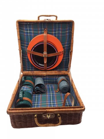Picknickkorb, Weide, Dunkel oder Hell, Vintage mit Beschlägen, gefüllt