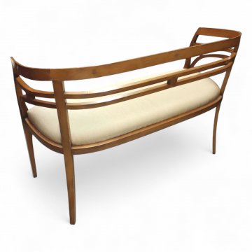 Sofa-Bank, JUG, Nußbaum antik durchbrochener Rücken, Stege mit Perlmutteinlage, beiger Stoff, MEDEA, 115x45x75cm, 01/645