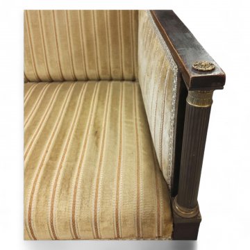 Bank, EMP, Mahagoni, 2-sitzig, Bronzebeschläge, kannelierte Bronzesäulen, gelber Damast, 110x50x100 cm, 01/537