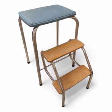 Tritthocker, Chromgestell, Sitz Acella h´blau, 2 Holzstufen klappbar
