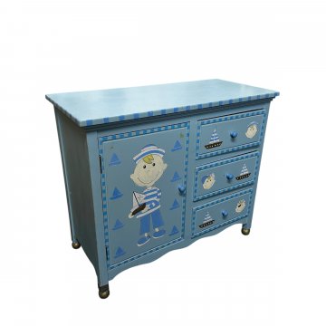 Kinderkommode, blau &amp; hellblau ,Segel-Motiv &amp; Matrosenjunge, 1 Tür, 3 Schubladen