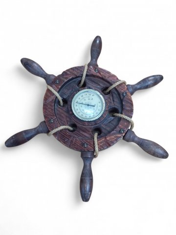 Barometer STEUERRAD, dunkelbraun Holz ø38cm, mit Seil umwickelt