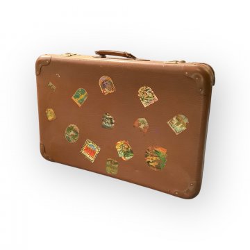Koffer, 50er, Hartschale braun, mit Reiseaufklebern, Patina, 65x44x18cm
