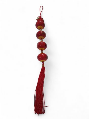 Dekokugeln ASIA, 4 Kugeln an roter Kordel, Kugeln rot-gelb mit Asia-Motiven, Kordel u. Fransen rot, 50cm