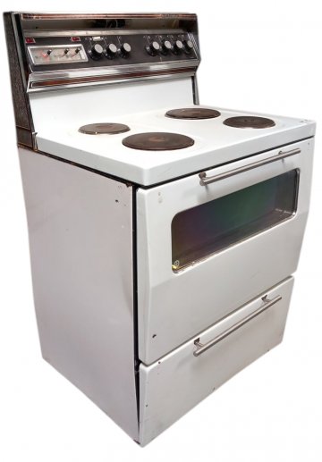 Herd, amerikanisch, elektrisch, 4 Platten, hohe Rückwand mit Schaltknöpfen, Backofen, Schubfach, Email weiß, 76x65cm, h 125cm (h nur Herd 91cm), Küche