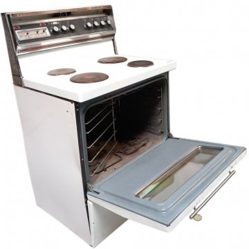 Herd, amerikanisch, elektrisch, 4 Platten, hohe Rückwand mit Schaltknöpfen, Backofen, Schubfach, Email weiß, 76x65cm, h 125cm (h nur Herd 91cm), Küche