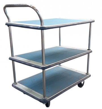 Servierwagen Edelstahl, 3 blau gummierte Ablagen/Böden, 75x48cm, h 85cm, auf Rollen, mit Griff, Küche, Gastronomie, Kantine