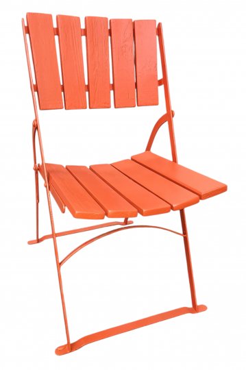 Gartenstuhl, Lokalstuhl, rot, klappbar, Eisengestell, 5 Holzlatten in Sitz u.Lehne, leicht verwittert, 49x60cm, h=82cm
