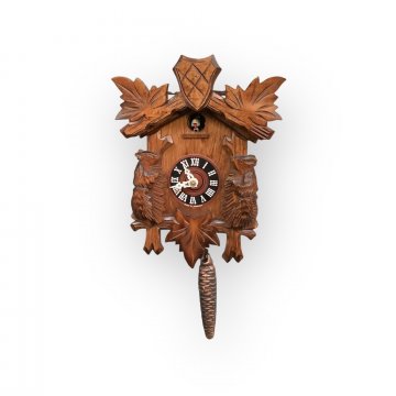 Kuckucksuhr, Holz, 23x18cm, Ketten mit Zapfengewicht, verziert, zum Aufhängen
