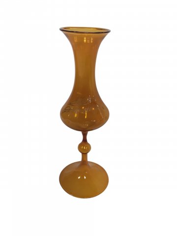 Glasvase SIEBEN, bernsteinfarbig, h 24 cm, D 9 cm, Tulpenform, Schrift 50.Geburtstag