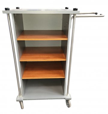 Hotel Wäschewagen grau, Resopal mit 3 Kirschholzböden  Edelstahlgestell mit 2 Griffen, 75x65, h 130cm