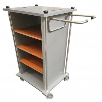 Hotel Wäschewagen grau, Resopal mit 3 Kirschholzböden  Edelstahlgestell mit 2 Griffen, 75x65, h 130cm