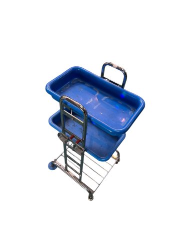 Reinigungswagen auf Rädern, Chrom, Eimer mit Wischerpresse, 2 x Schaleneinsätze Kunststoff blau, Klemmvorrichtung für Wischmopp