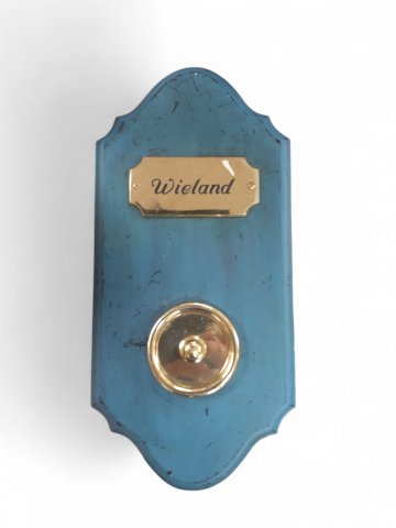 Klingelbrett m. Messingknopf und -Namensschild, 34x16cm, geschwungen, blau