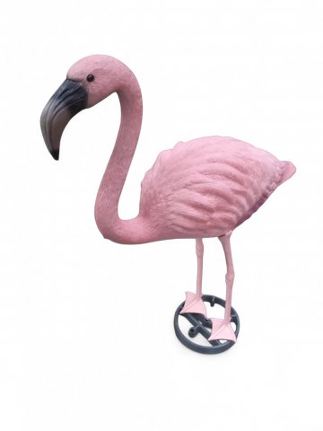 Flamingo, Kunststoff rosafarben, auf grünem Tellerfuß,offen,55x92x22cm