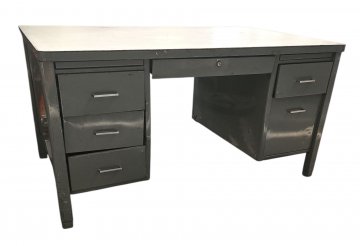 Schreibtisch amerik. Metall 2-seitig m. Schüben, Platte grau und weiß, 152x86cm, h 78 cm