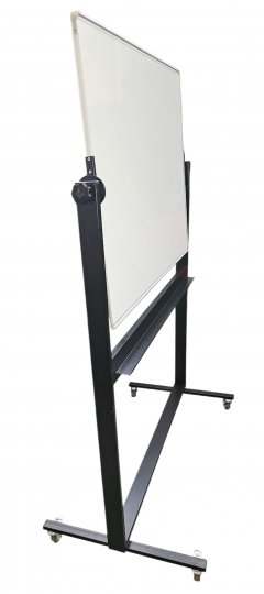 Whiteboard, DENN, (90x120cm), auf schwarzem Gestell, Mobil und drehbar, 4 Rollen mit Feststellbremse, mit Ablage, 64x138x198cm