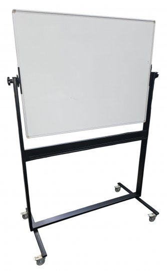Whiteboard, DENN, (90x120cm), auf schwarzem Gestell, Mobil und drehbar, 4 Rollen mit Feststellbremse, mit Ablage, 64x138x198cm