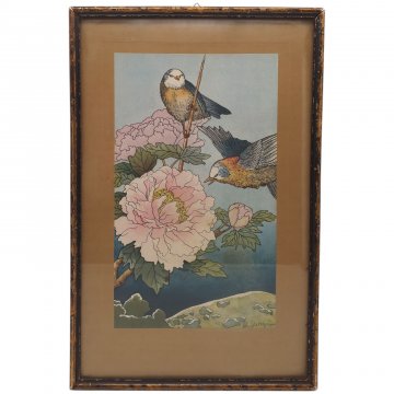 Bild gerahmt, schmale Holzleiste, Vögel mit Pfingstrose, Asiatisch