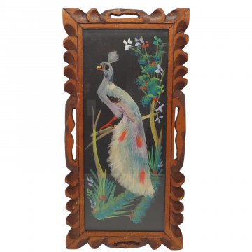 Pfauenbild unter Glas mit echten Federn verzierter dunkler Holzrahmen 21x41cm