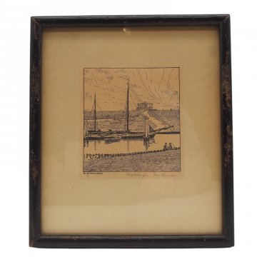 Bild, Stich auf Papier, gerahmt, Meldorfer Seedeich, Holzrahmen schwarz (Patina), A. DIRKSEN
