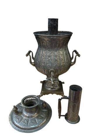 Samovar Silber, Antik, 4 Füsse, 2 Henkel, 3 Elemente Höhe 70cm, Ø25cm