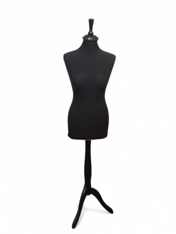 Schneiderpuppe, weiblich, Konfektionsgröße 36/38, Kunststofftorso, schwarzer Bezug, 3-Bein, verstellbar, Abschlußknauf