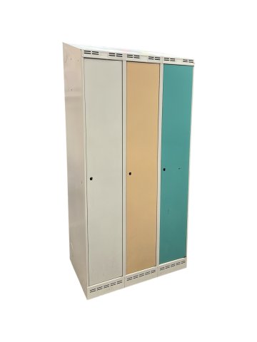 Spind, Metall, 3-türig, 90x55cm, h 190cm, weiß mit türkiser und beige Tür, Kleiderstange, ohne Schloss, schräge decke   