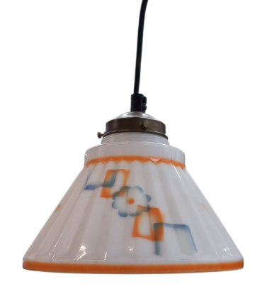 Hängelampe Deckenlampe ArtDeco, Glas schräg geriffelt weiß blau orange mit Muster, , H18cm ø22cm, E27 SK1