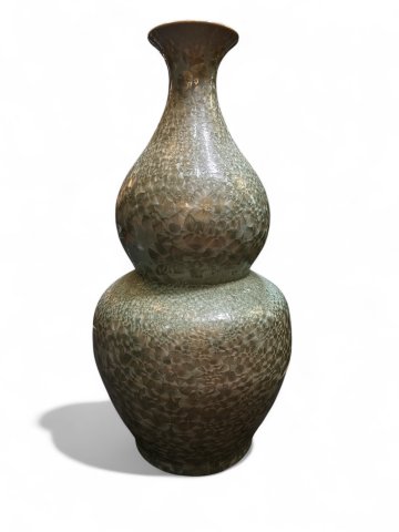 P- Bodenvase, Keramik, lindgrün, Blätter/Pfauenaugenoptik, Doppelbauchig, ASIATIDES