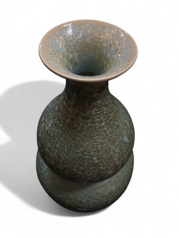 P- Bodenvase, Keramik, lindgrün, Blätter/Pfauenaugenoptik, Doppelbauchig, ASIATIDES