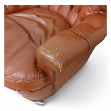 Sessel, EKL, rot, Leder kapituniert, Sitzkissen eingelegt, Messingschuhe, 75x60x90cm, 032/21