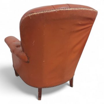 Sessel, EKL, rot, Leder kapituniert, Sitzkissen eingelegt, Messingschuhe, 75x60x90cm, 032/21