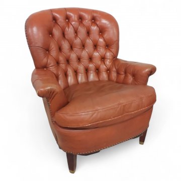 Sessel, EKL, rot, Leder kapituniert, Sitzkissen eingelegt, Messingschuhe, 75x60x90cm, 032/21