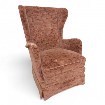 Ohrenbackensessel, hochlehnig, Vollpolster Velours braun beige floral gemustert, Schabracke, B72xT75xH98