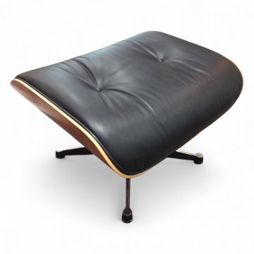 Hocker, Ottoman, Palisanderschale, Säule schwar/poliert, Lederpolster schwarz, Charles Eames, Vitra